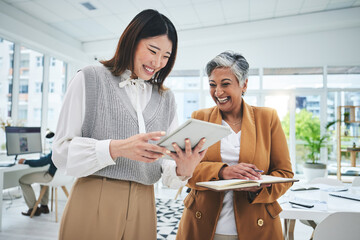 Internship, tablet or happy woman laughing with mentor in discussion with notebook for news,...