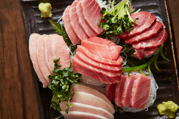 Various parts of fresh tuna sashimi	