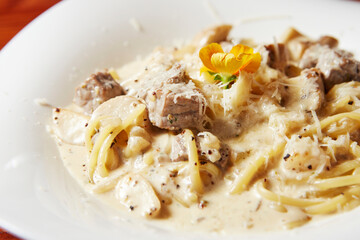 Pasta with cream sauce on a plate