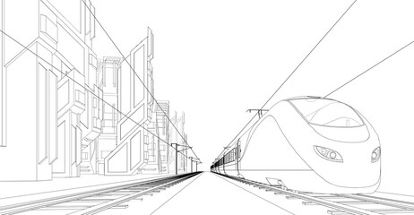 Futuristic city scene with train 3d rendering © Yurii Andreichyn