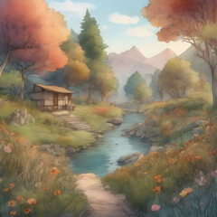 autumn landscape with river and forest