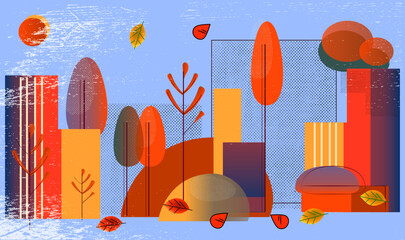 Autumn City. Abstract vector illustration in retro style