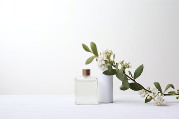 Perfume, simple ingredients, minimalist background, product image for website, clean and fresh