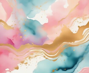 Abstract watercolor paint background illustration - Soft pastel color and golden lines, with liquid fluid marbled paper texture banner texture