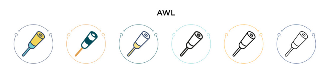 Awl icon in filled, thin line, outline and stroke style. Vector illustration of two colored and black awl vector icons designs can be used for mobile, ui, web