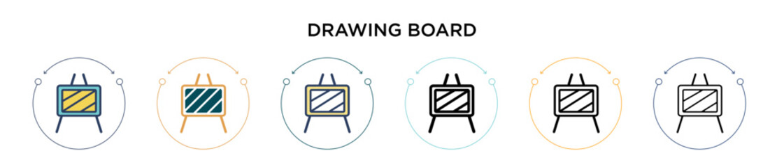 Drawing board icon in filled, thin line, outline and stroke style. Vector illustration of two colored and black drawing board vector icons designs can be used for mobile, ui, web