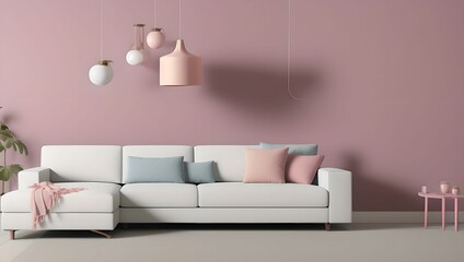 Fototapeta na wymiar 제목: Pastel living room.3 Interior design of house with comfort sofa and couch. mockup-Generative aI