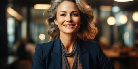 Female CEO Takes Charge of Large Corporation: A female CEO stands in front of her large corporation, looking confident and in charge.