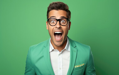 Obraz premium Young ultra handsome manager man was Surprised and excited, opening eyes and mouth, Bright solid light color background. created by generative AI technology.