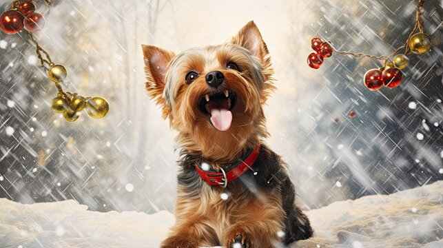 Yorkshire terrier excitement: Playful yorkie, festive garland, snowy background. Christmas card with happy yorkshire dog. Generative AI. 