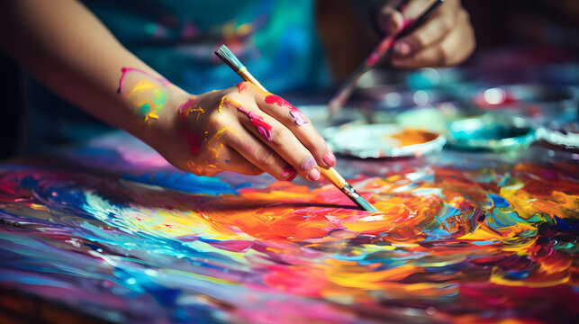 Close up of a creative artist's hands painting vibrant strokes on a canvas in artistic process in workshop