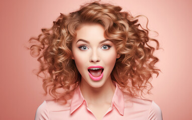 Fototapeta premium Young ultra beauty manager girl was Surprised and excited, opening eyes and mouth, Bright solid light color background. created by generative AI technology.
