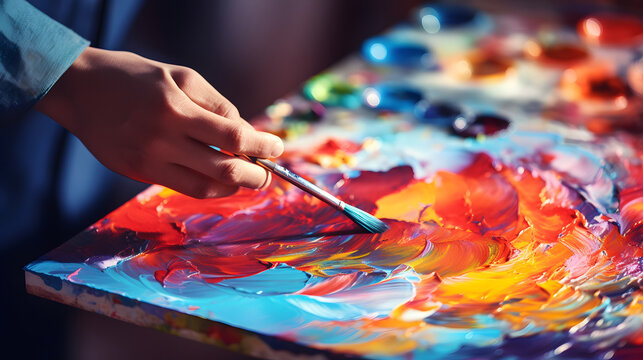 Close up of a creative artist's hands painting vibrant strokes on a canvas in artistic process in workshop