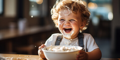 Happy Boy Eating Porridge in Baby Chair: A happy boy eats his porridge in his baby chair, his smile showing his enjoyment of the meal. - obrazy, fototapety, plakaty