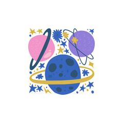 Fototapeta premium Space and cosmos abstract elements. Astronomy and Stellar composition. Modern trendy Matisse minimal style. Universe and Galaxy poster, invite. Vector arrangements for greeting card