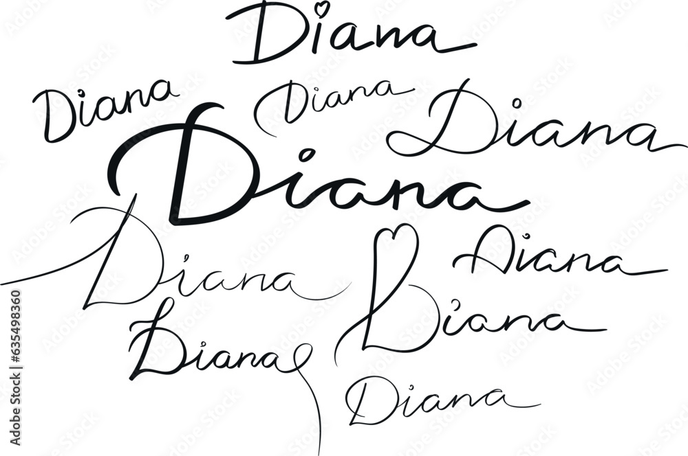 Fototapete female name diana written in different scripts. girl’s name handwritten lettering calligraphy typesc
