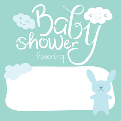 Baby shower invitation card. Honoring mommy to be. Cute little bunny and clouds