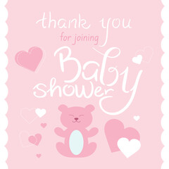 Baby shower thank you card. Honoring mommy to be. Cute teddy bear with hearts