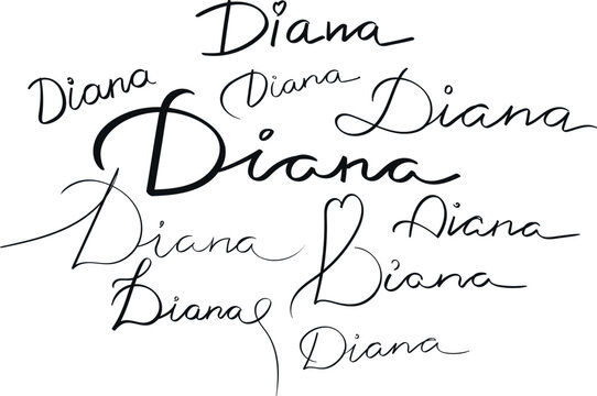 Female name Diana written in different scripts. Girl’s name Handwritten lettering calligraphy typescript. Vector art