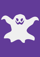 Ghost Vector Illustration. Happy Halloween, Scary gray ghost. Cute cartoon spooky character. Purple background