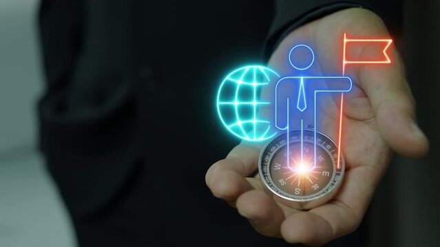 Navigation compass present glowing neon line of businessman holding flag with global icon. Business concept of victory, success, goal achiever, planning, win, best worker, top employee and leadership.