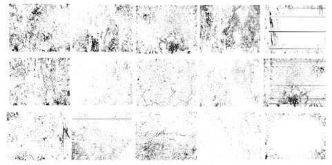 Collection of urban grungy textures. Dirty and distressed paint on old wall. Crackle line and scratch on concrete and stone surface. Abstract vector background in black and white color.