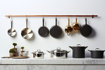 set of pans on a white background, kitchenware minimalist photo
