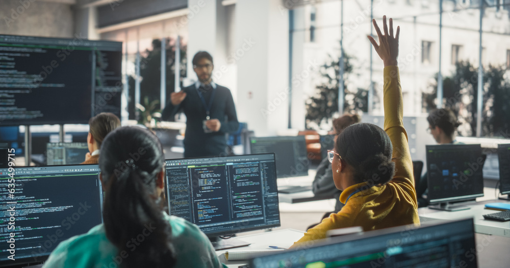 Poster teacher giving computer science lecture to diverse multiethnic group of female and male classmates i