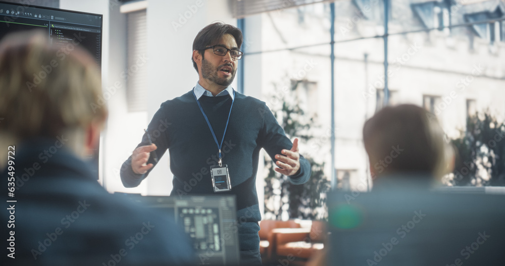 Poster Portrait of a Teacher Giving Computer Science Lecture to Diverse Multiethnic Group of Students in a College Room. Projecting Slideshow with Programming Code. Explaining Information Technology