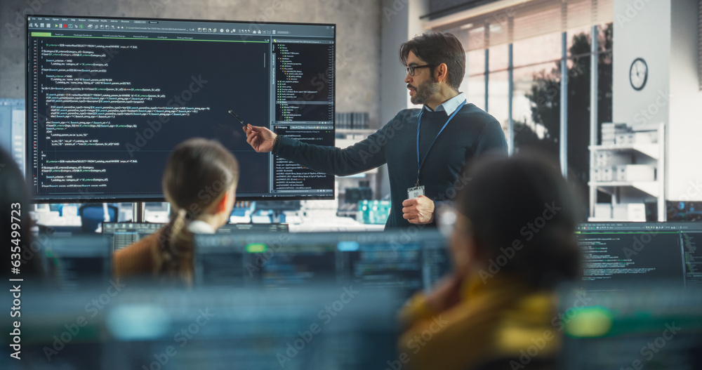 Aufkleber Teacher Giving Computer Science Lecture to Diverse Multiethnic Group of Female and Male Students in a College Room. Projecting Slideshow with Programming Code. Explaining Information Technology