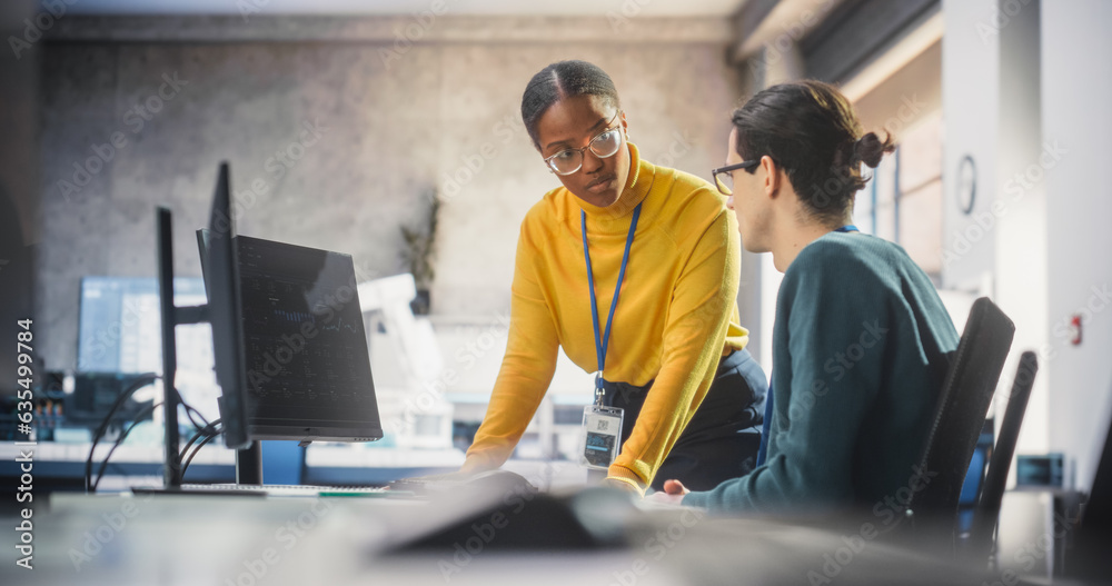 Aufkleber portrait of diverse female and male students working together in infographics room, collaborating on