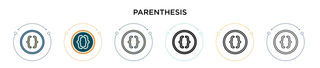 Parenthesis icon in filled, thin line, outline and stroke style. Vector illustration of two colored and black parenthesis vector icons designs can be used for mobile, ui, web