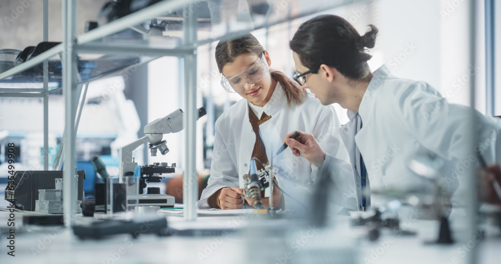 Poster two diverse young professionals having a conversation in a laboratory, inspecting a computer motherb