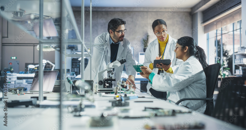 Poster Young Indian Female Having a Conversation with Science Teachers in a Laboratory. Student Working on a Circuit Board for a CPU Project. Young Scholar Asking About Upgrading the Microchip