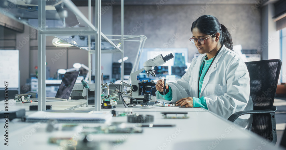 Leinwandbilder Young Indian Science Student Conducting Electronics Experiment in a University Workshop. Diverse Young Scholar Using Microscope, Working on Connecting a Circuit Board