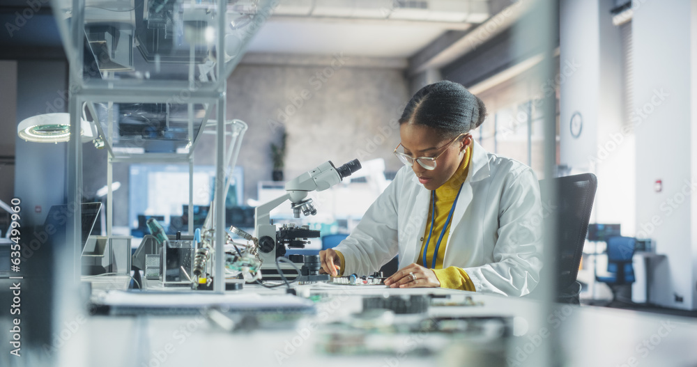 Poster Young African Science Student Conducting Electronics Experiment in a University Workshop. Diverse Black Scholar Using Microscope, Working on Connecting and Testing a Circuit Board in a Laboratory