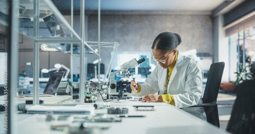 Poster College Science Classroom: Diverse Young Black Female Experimenting with Computer Components, Connecting a Circuit Board, Using Microscope and a Screwdriver in a Laboratory