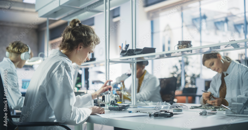Leinwandbilder Diverse Team of Multiethnic Young Scientists Passing Internship in a Modern High Tech Laboratory. Students Working in Advanced Lab with Science Equipment. Microchip Design and Electronics Development