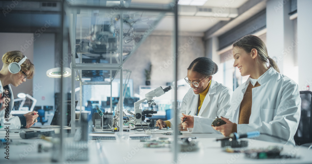 Poster Modern Science Research Laboratory in University: Diverse Young Scientists in White Coats Using Microscopes, Discussing Assignment for a Technology Project in School