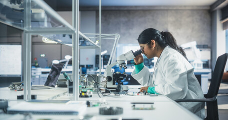 College Science Classroom: Diverse Young South Asian Female Experimenting with Computer Components, Soldering Circuit Boards, Using Microscope and a Screwdriver in a Laboratory - obrazy, fototapety, plakaty