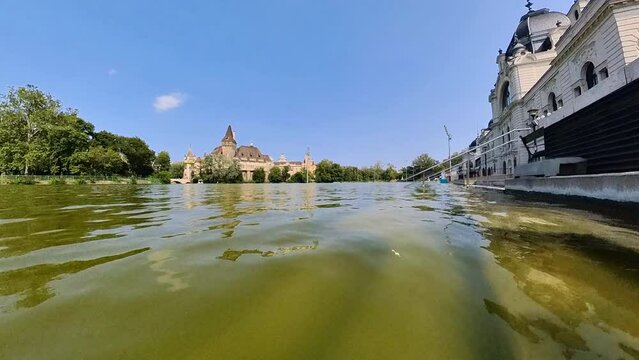 Castle near lake in city park, Budapest, Hungary.