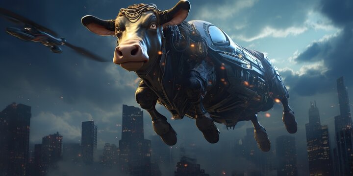 A flying cow soars through the skies, blending whimsy with wonder in a playful dance with the clouds. Generative AI