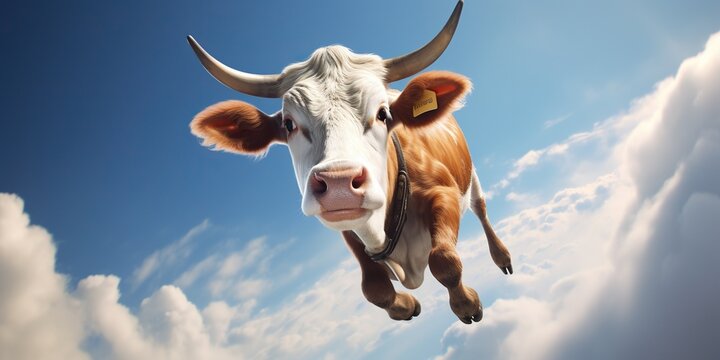 A flying cow soars through the skies, blending whimsy with wonder in a playful dance with the clouds. Generative AI