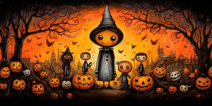 A primitive Halloween illustration captures the essence of spooky festivities with simple, raw strokes and playful charm. Generative AI