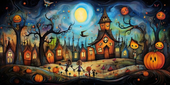 A primitive Halloween illustration captures the essence of spooky festivities with simple, raw strokes and playful charm. Generative AI