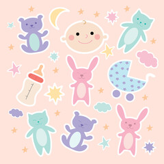 Baby sticker pack. Cute teddy bears, bunnies, cats, stroller, bottle, clouds and stars stickers. Vector art