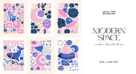 Space and cosmos abstract elements. Astronomy and Stellar composition. Modern trendy Matisse minimal style. Universe and Galaxy poster, invite.