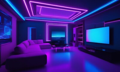 a room with neon lights rgb futuristic look , mansion