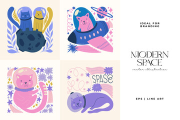 Space and cosmos abstract elements. Astronomy and Stellar composition. Modern trendy Matisse minimal style. Universe and Galaxy poster, invite.