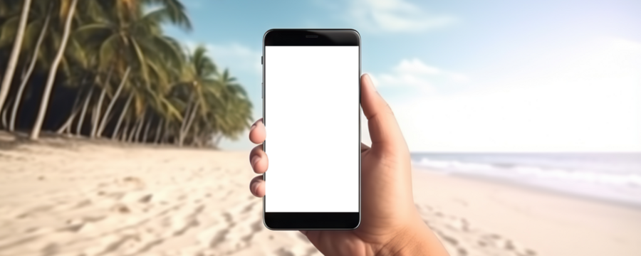 Hand holding mobile phone with cut out screen on summer beach resort background